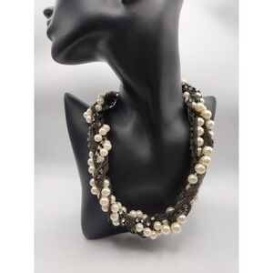 J.Crew Chunky Faux Pearl Gunmetal Chain Mesh Statement Necklace Crystal Accents